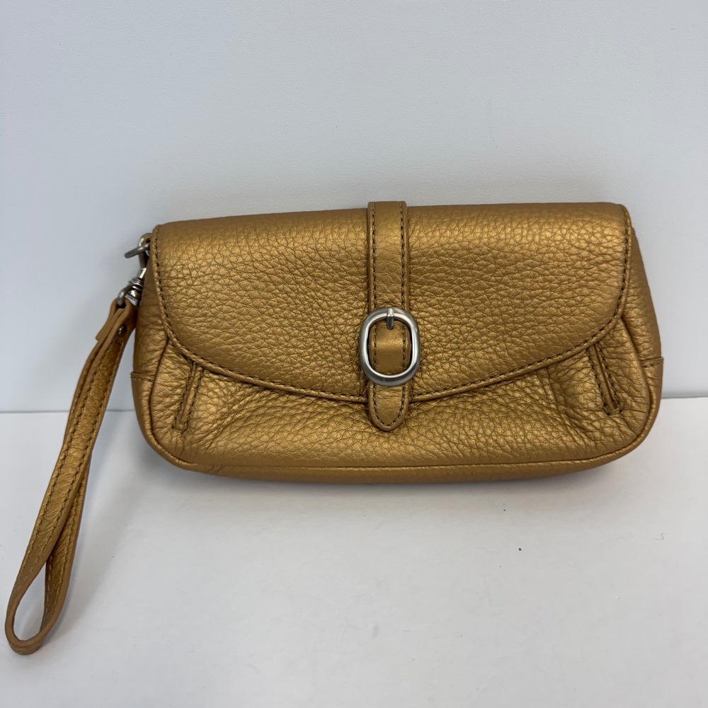 Talbots Metallic Gold Pebbled Leather Wristlet Clutch Bag Silver Buckle‎ Detail